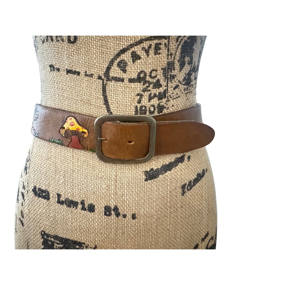 Vintage Hand Tooled Leather Mushroom Belt Boho Cottagecore Hippie 60's 70's Sm